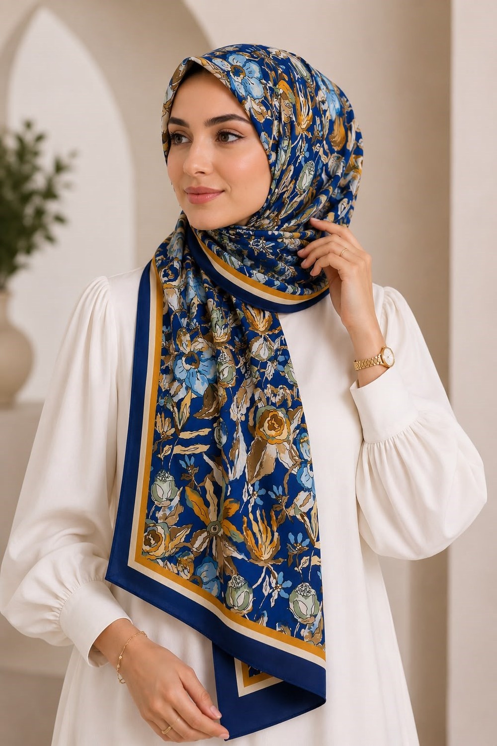 Kadın Soft Çiçekli 180X75 Ölçülü Şal Lacivert