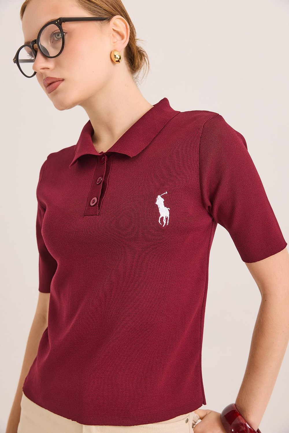 Nakışlı Polo Yaka Düğme Detaylı Triko Tshirt	Bordo