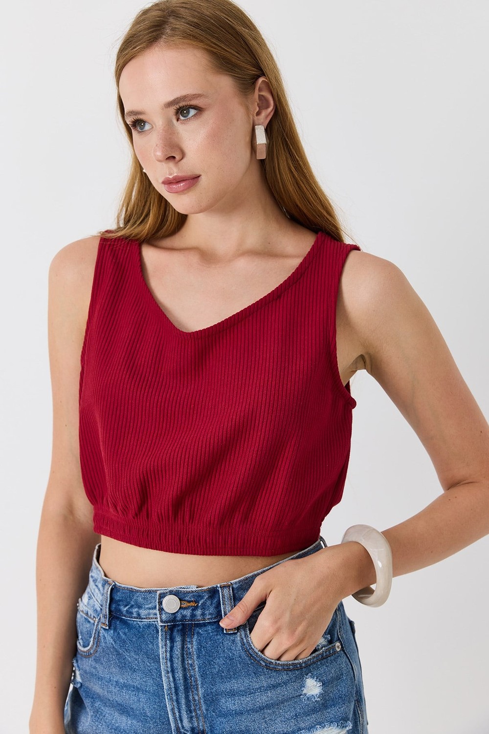 Kadın Kaşkorse Lastik Detaylı Askılı Crop Bordo