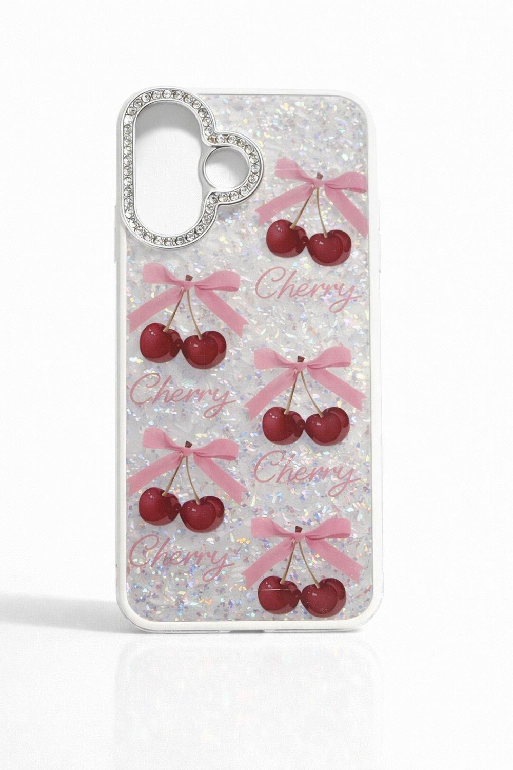 iPhone 17 Uyumlu Kiraz ve Fiyonk Desenli Glitterlı Şeffaf Kılıf