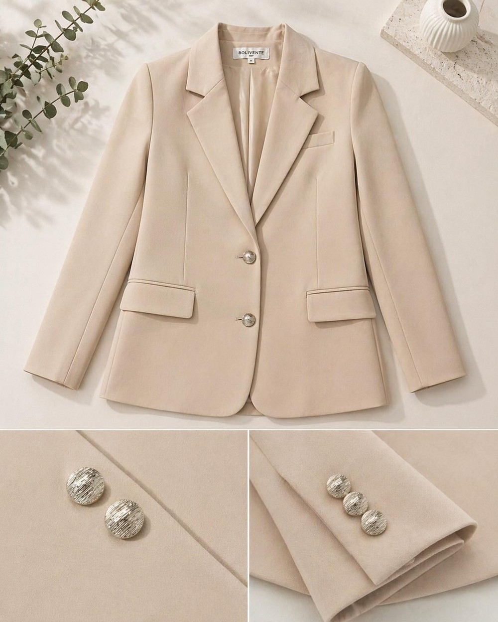 Kadın Oversize Düğmeli Blazer Ceket Bej