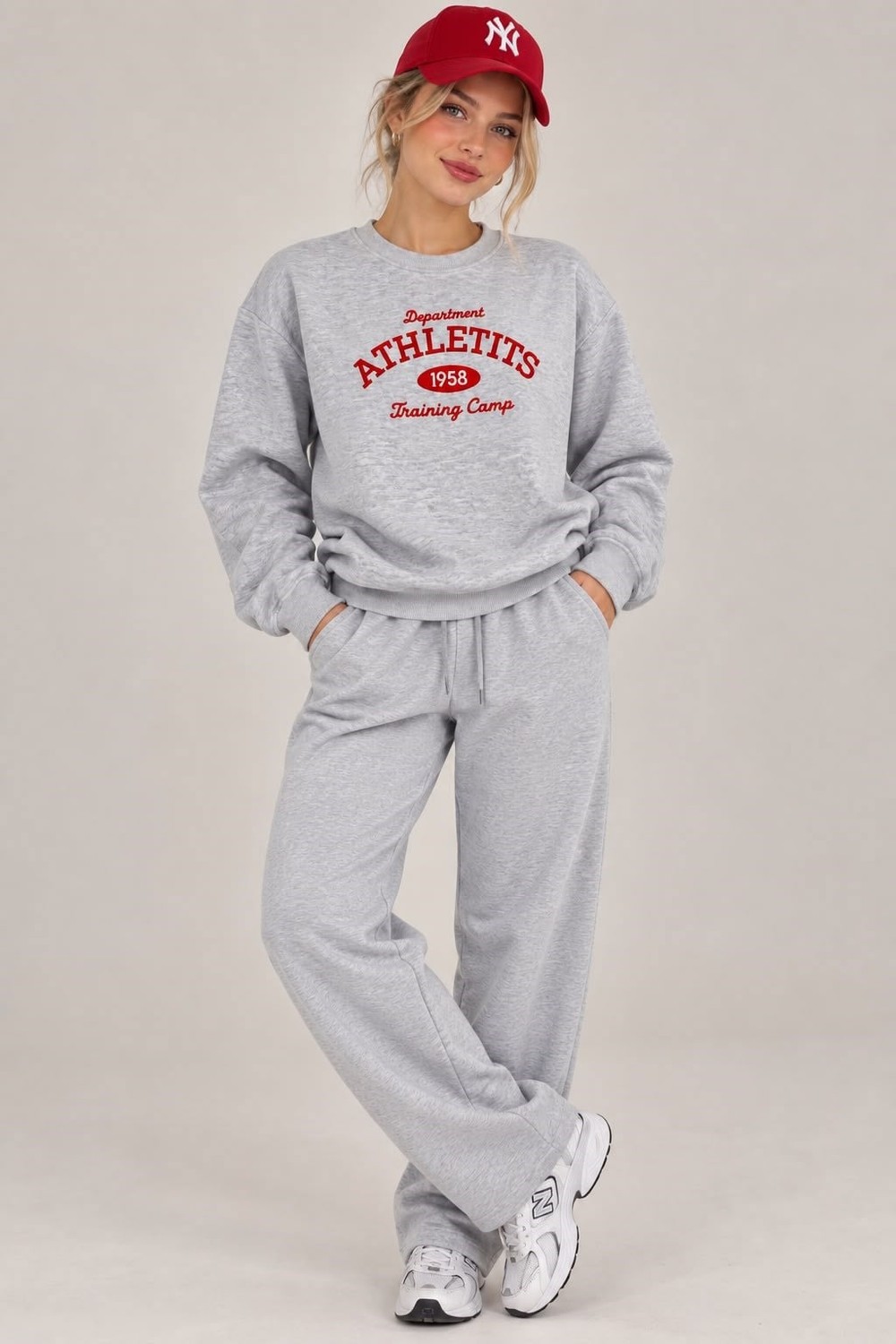 Kadın Yazı Nakışlı Bisiklet Yaka Şardonlu Sweatshirt Gri