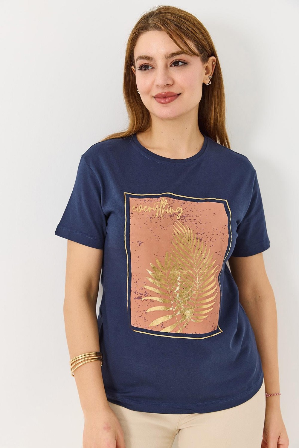Kadın Palmiye Parlak Baskılı Tshirt Lacivert