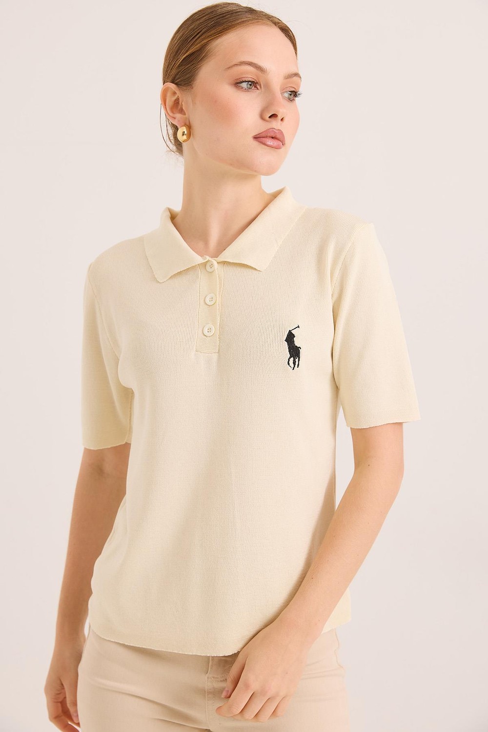 Nakışlı Polo Yaka Düğme Detaylı Triko Tshirt	Bej