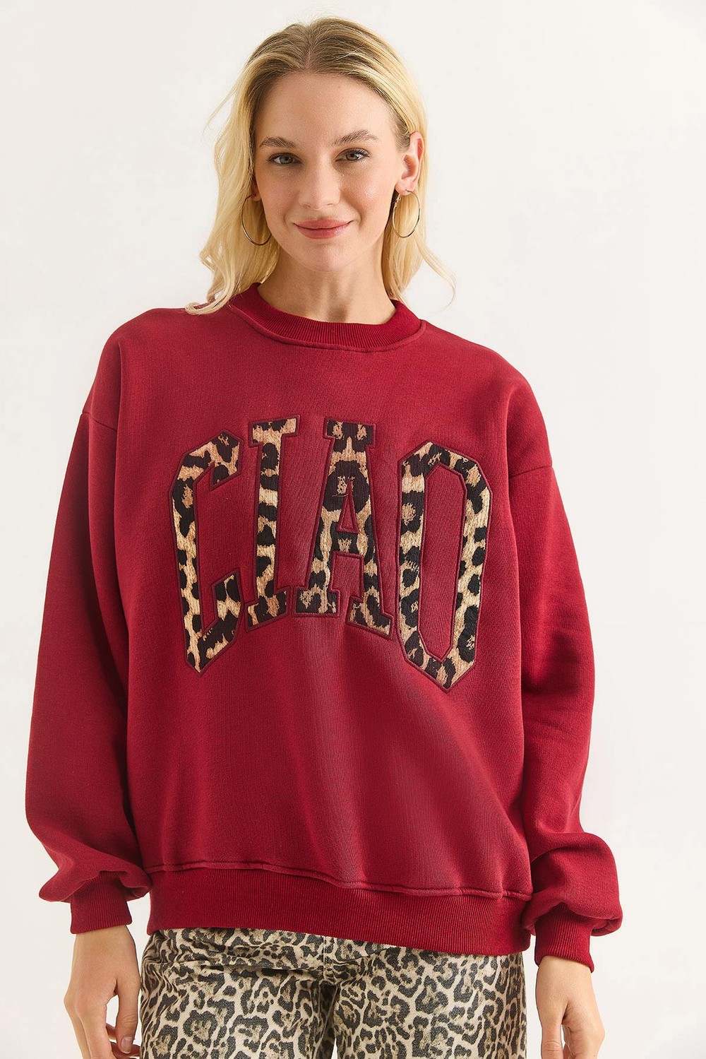 Kadın Üç İplik Leopar Baskılı Sweatshirt Bordo 
