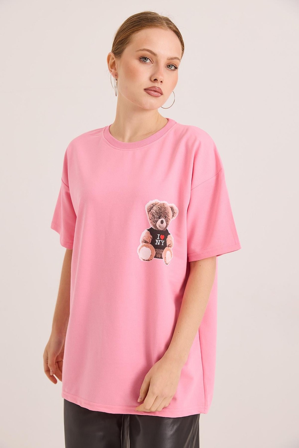 Ön Ve Arka Baskılı İki İp Oversize Örme Tshirt Pembe