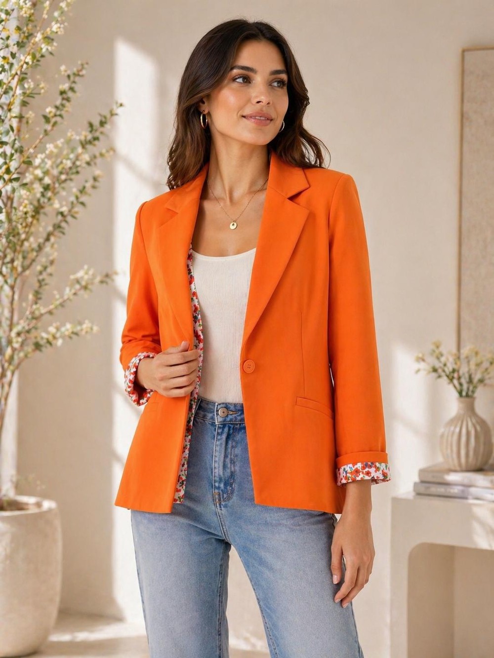 Kadın İç Astarı Çiçek Desenli Tek Düğmeli Ceket Turuncu