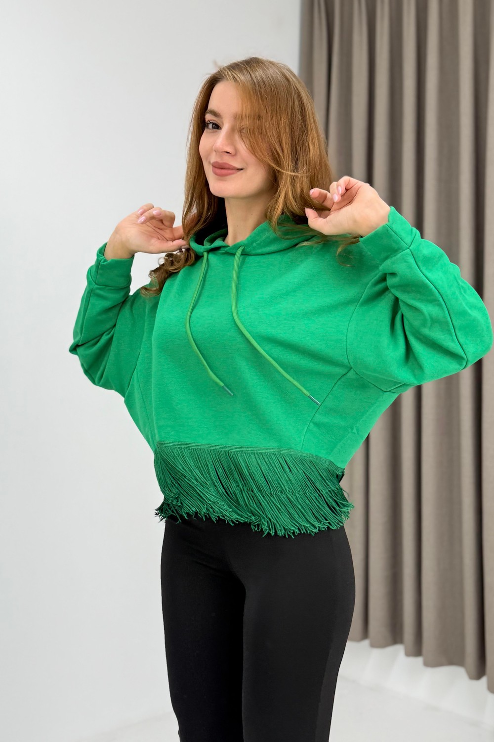 Kadın İp Saçaklı Kapuşonlu Sweatshirt Yeşil