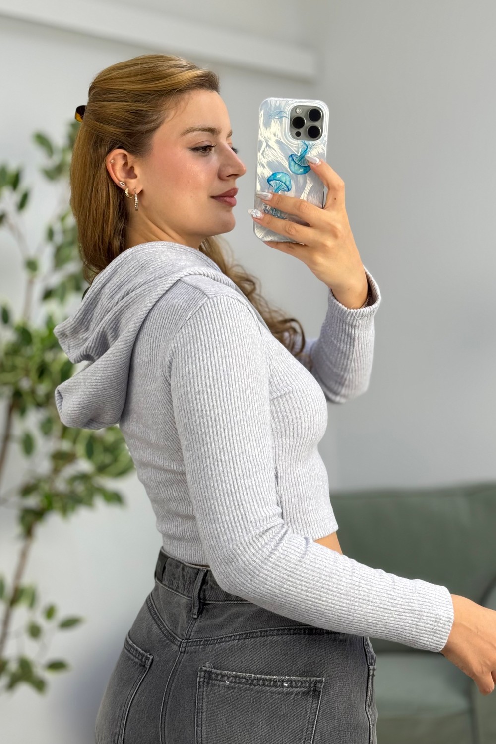 Uzun Kollu Kapüşonlu Crop Bluz Gri