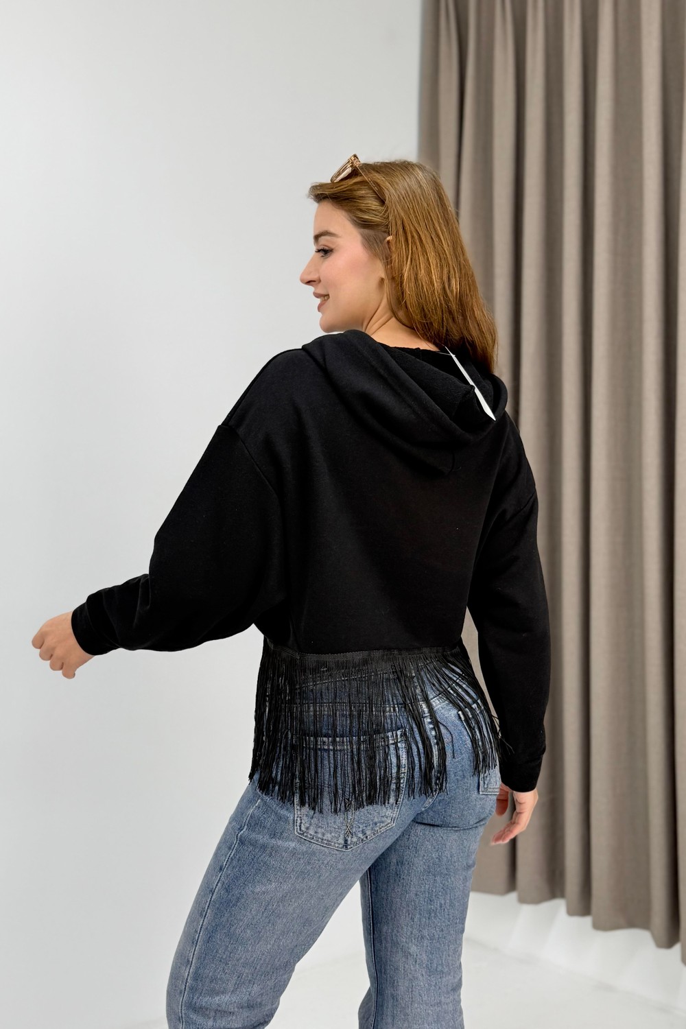 Kadın İp Saçaklı Kapuşonlu Sweatshirt Siyah