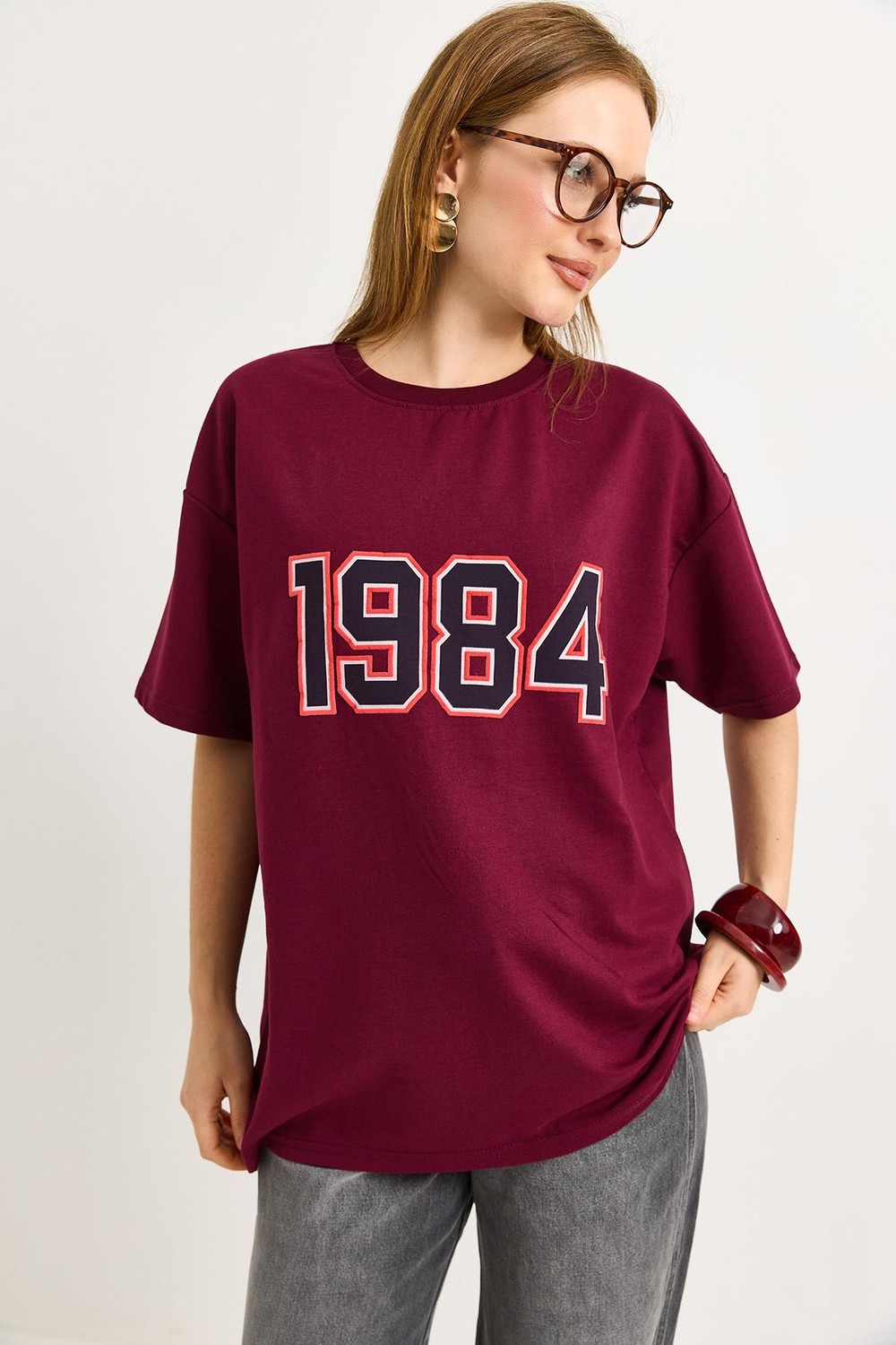 1984 Baskılı Oversize Tshirt Bordo