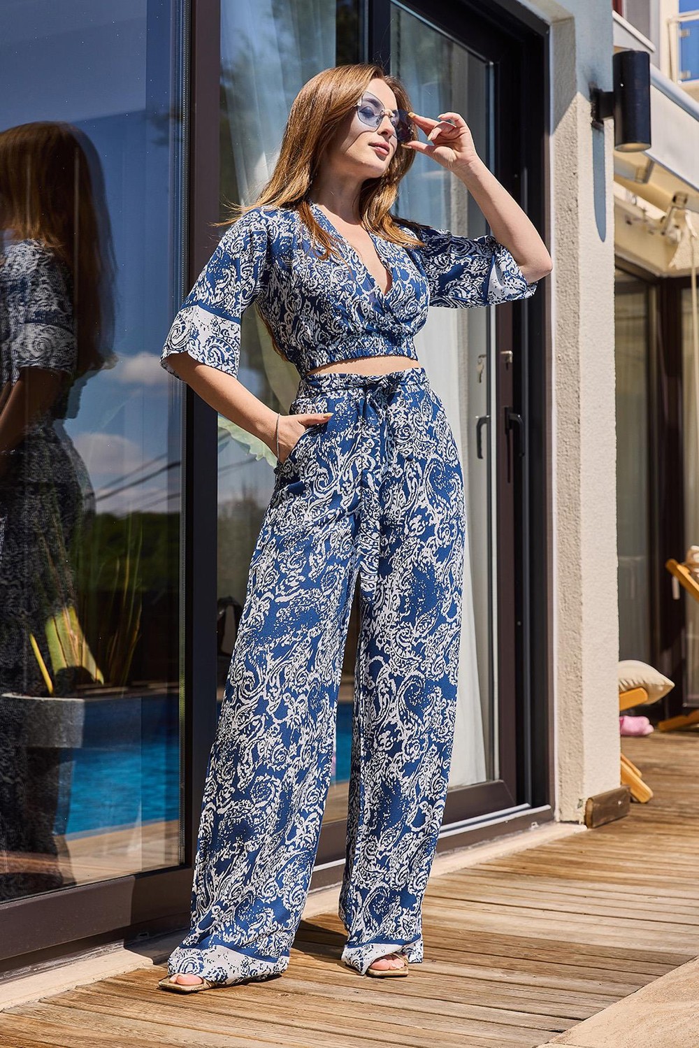 Beli Kuşaklı Bluz Pantolon İkili Takım Mavi