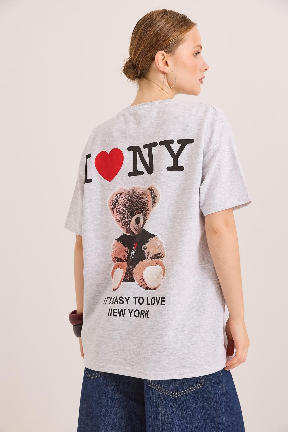 Ön Ve Arka Baskılı İki İp Oversize Örme Tshirt Gri