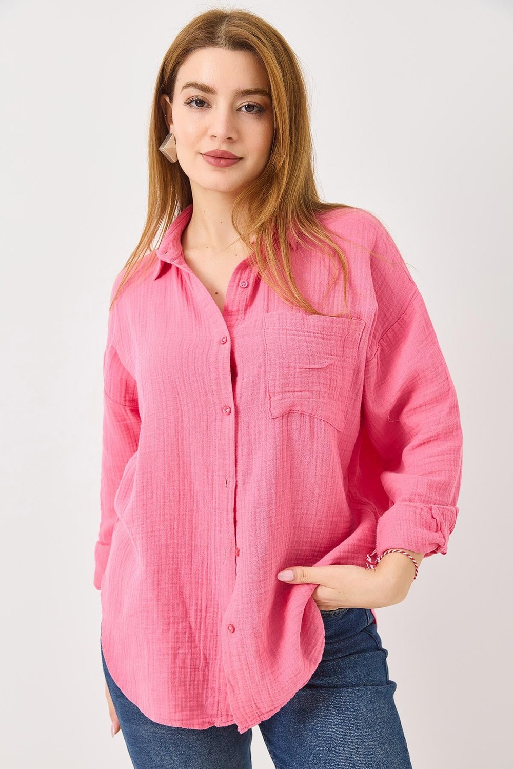 Uzun Kollu Oversize Gömlek Pembe