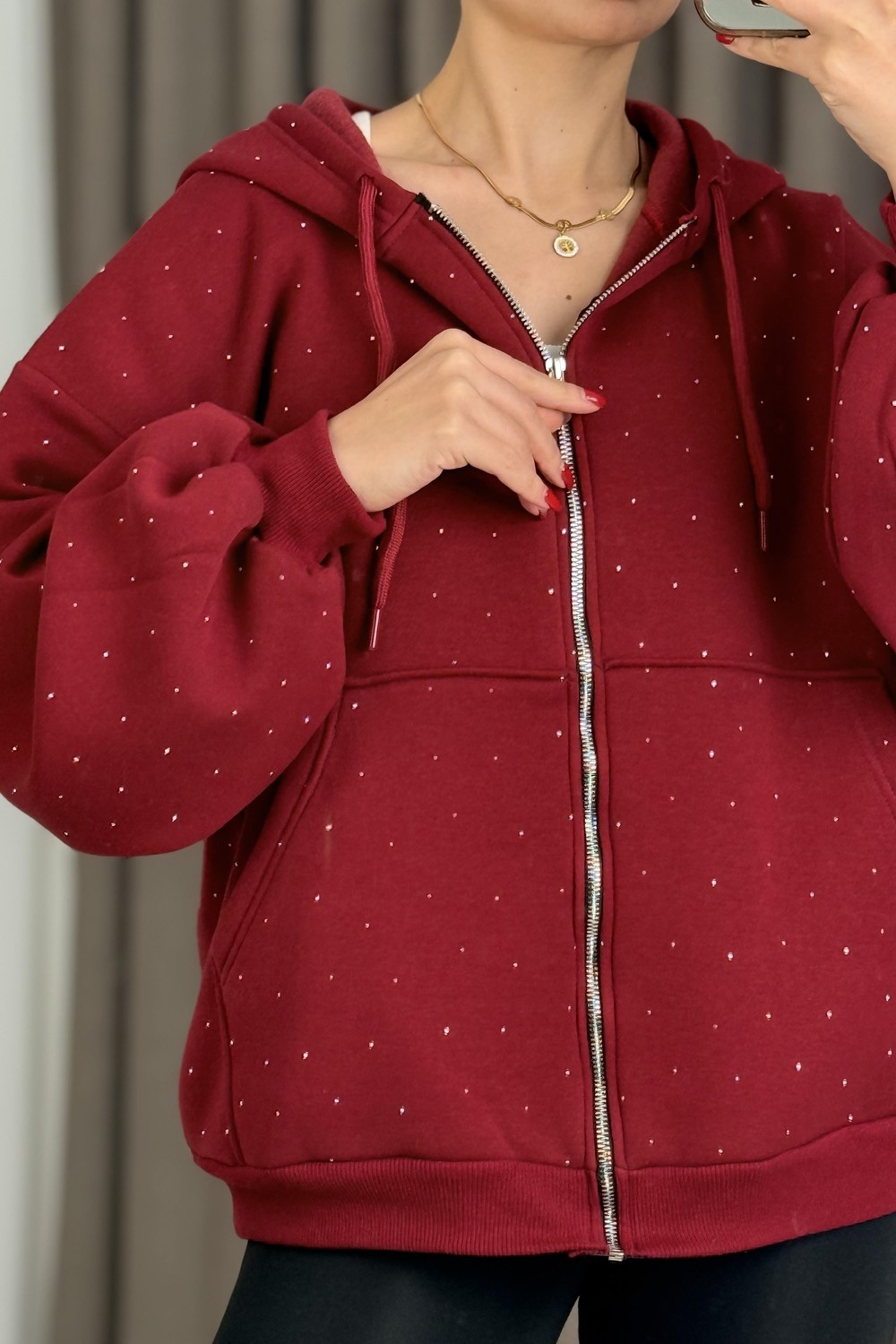 Kadın Taş Detaylı Kapüşonlu 3 İplik Fermuarlı Sweatshirt Bordo