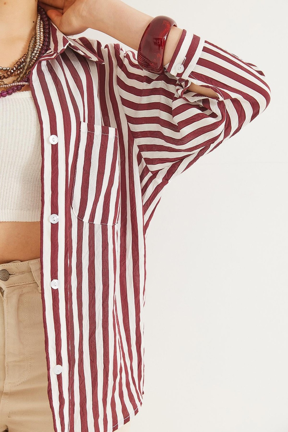 Tek Cepli  Çizgi Desenli Oversize  Gömlek Bordo