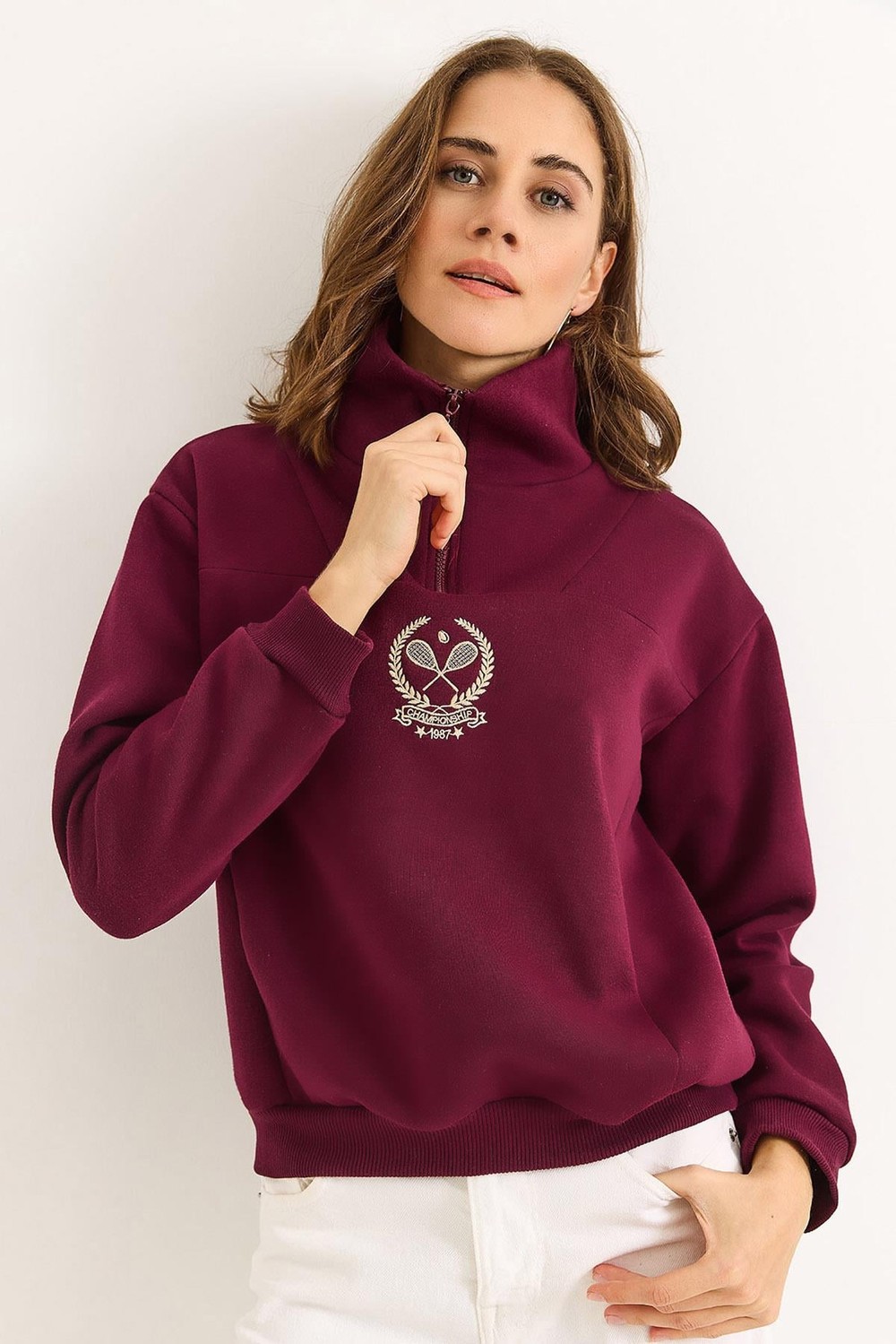 Kadın Dik Yaka Fermuarlı Roket Baskılı Sweatshirt Bordo