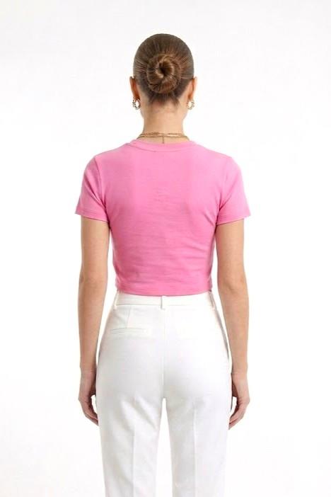 Kadın Bisiklet Yaka Düz Crop Bluz Pembe