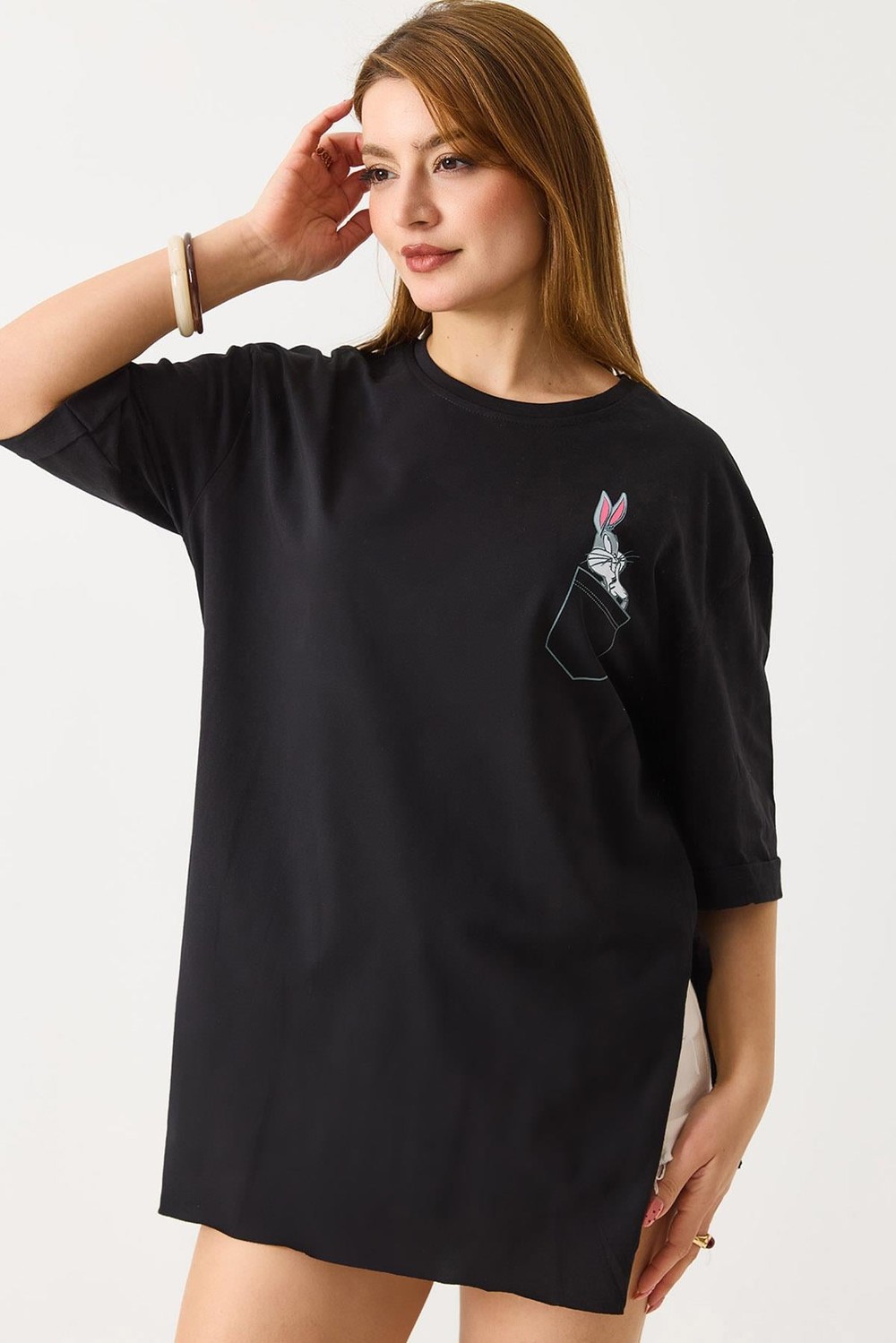 Kadın Yanları Yırtmaçlı Oversize  Basic Tshirt  Siyah