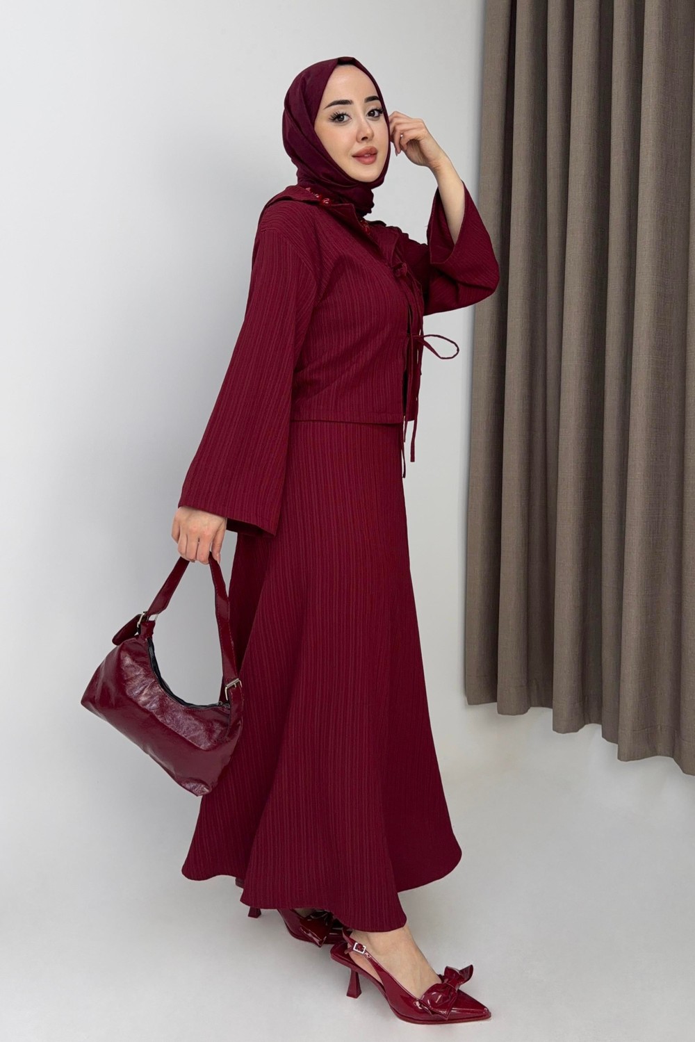 Kadın Önden Bağlamalı Crop Üst - Etekli Takım Bordo
