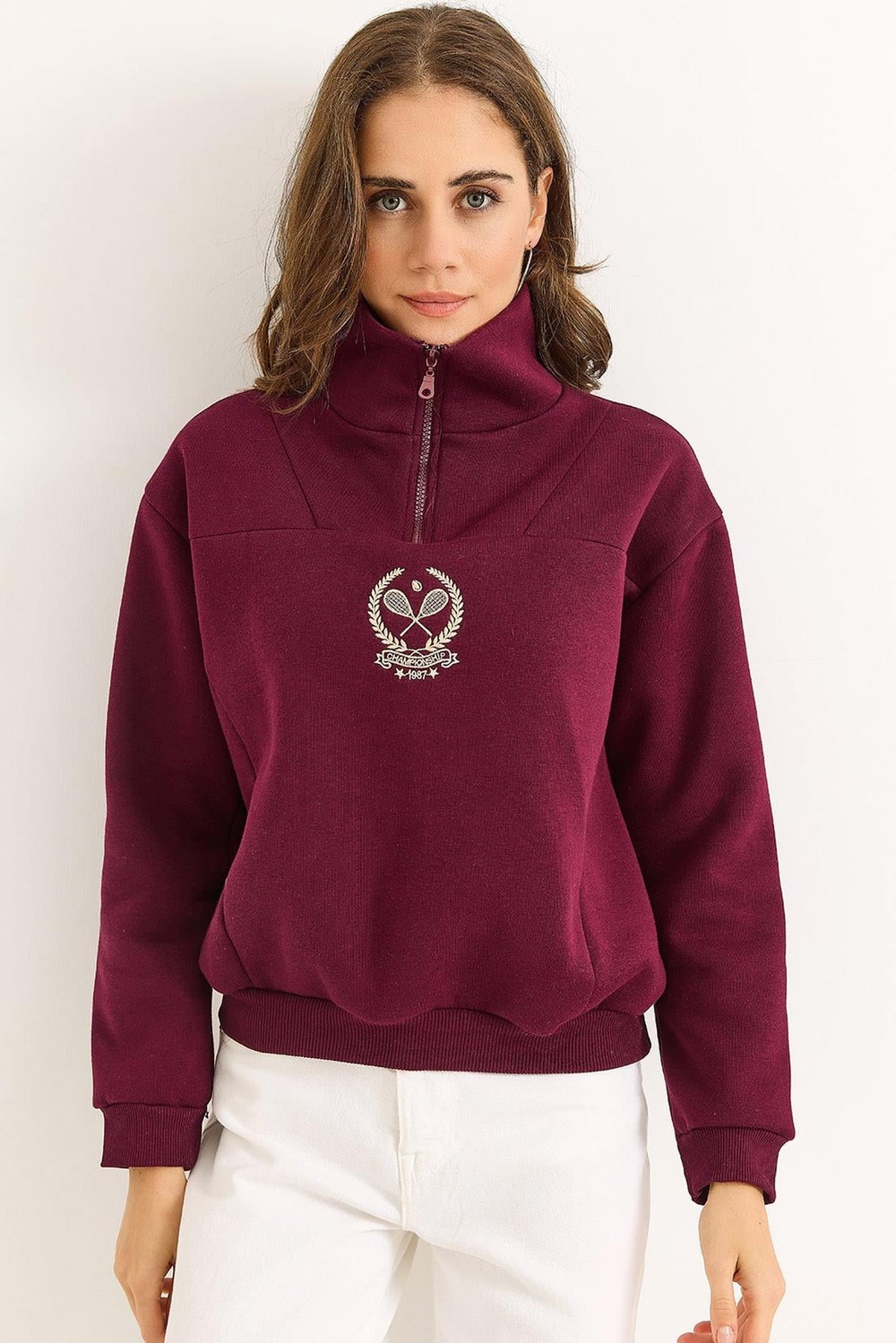 Kadın Dik Yaka Fermuarlı Roket Baskılı Sweatshirt Bordo