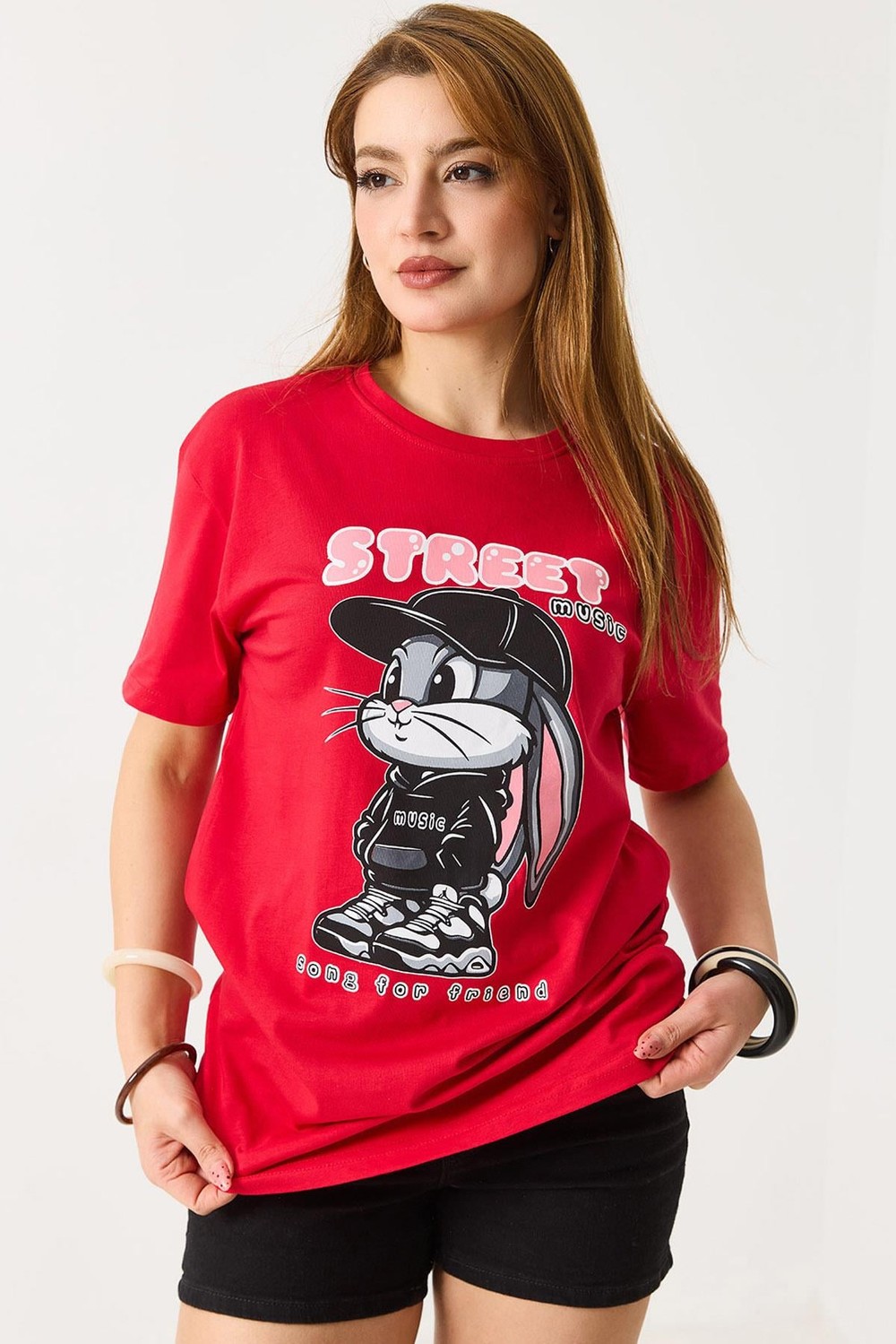 Kadın Baskılı Bisiklet Yaka Kısa Kol Tshirt Kırmızı