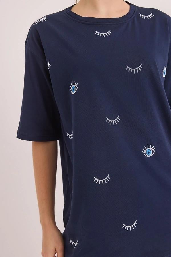 Kadın Bisiklet Yaka Göz Baskılı Oversize Tshirt Lacivert