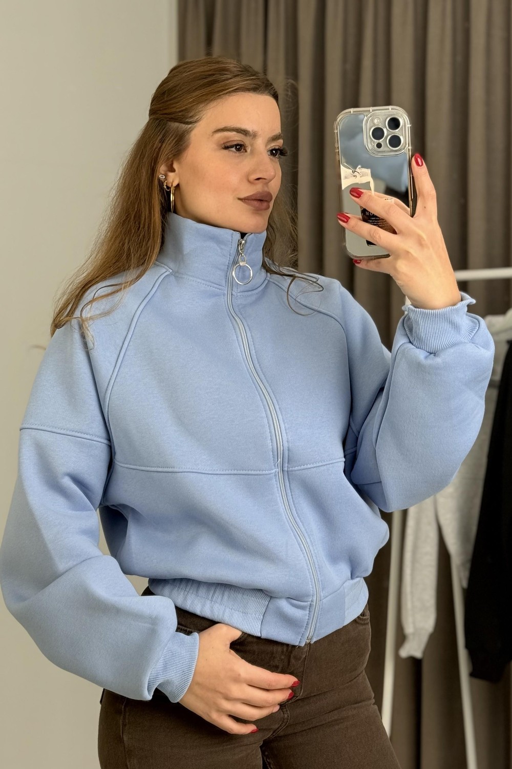 Kadın Fermuarlı Dikiş Detaylı Sweat Mavi