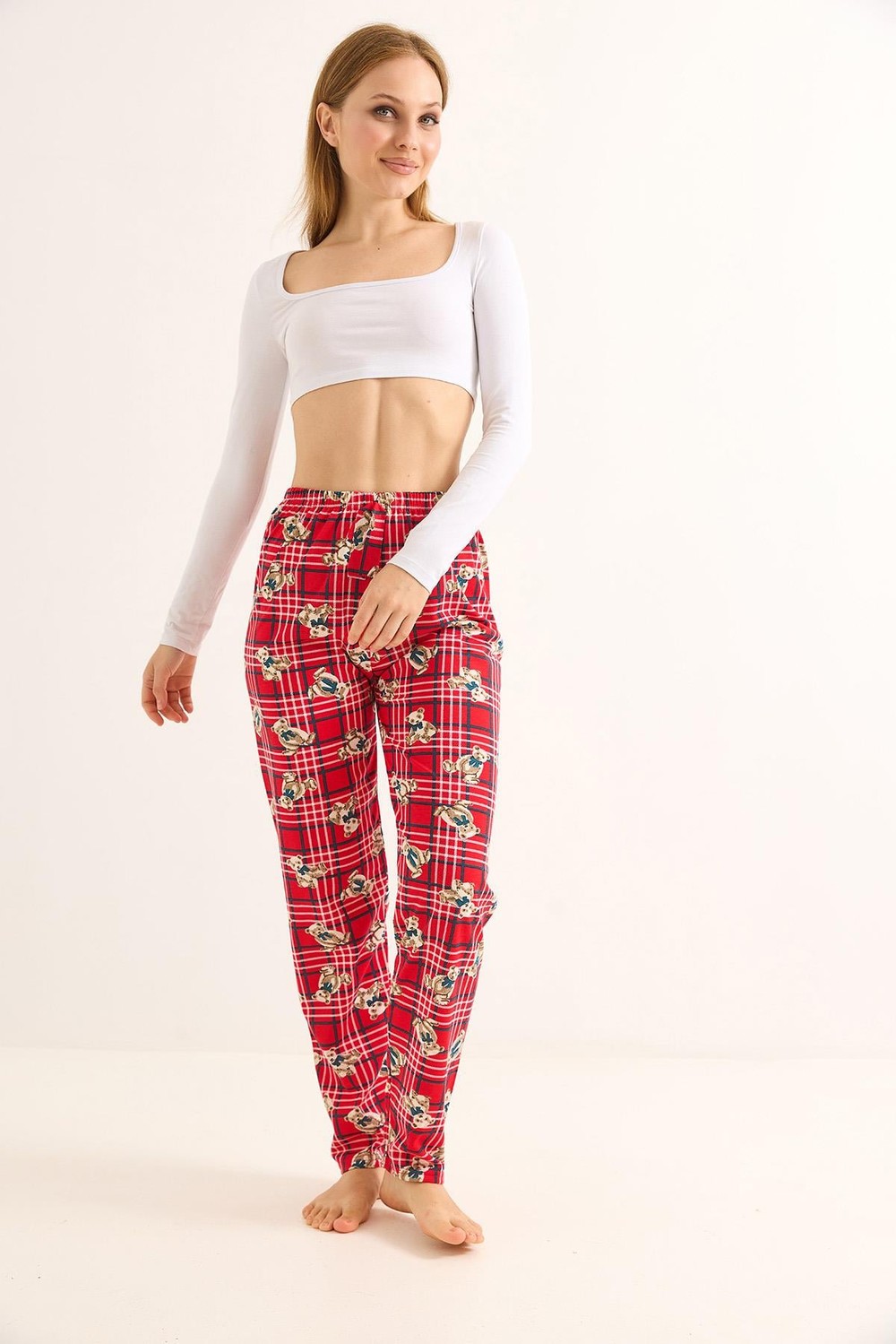Beli Lastikli  Baskılı Pijama Altı Kırmızı