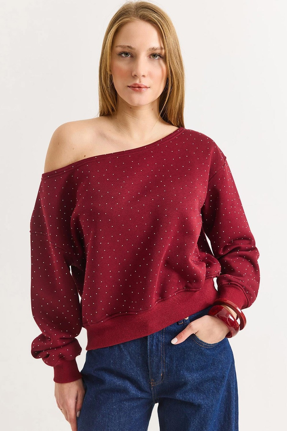 Kadın Bordo Serpme Taşlı  Kayık Yaka Üç İplik Şardonlu Sweat