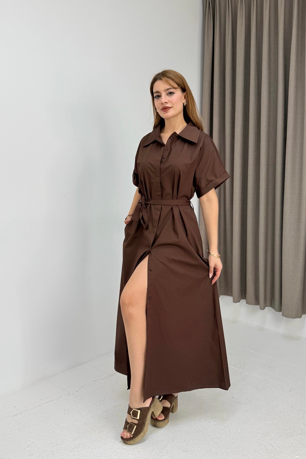 Kadın Polo Yaka Midi Boy Beli Kuşaklı Elbise Kahve