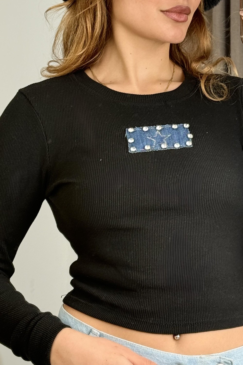 Kadın Uzun Kollu Kaşkorse  Kot Üzerine Yıldız Nakışlı Crop Bluz Siyah