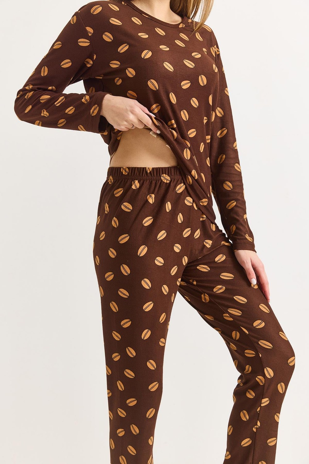 Kadın Kahverengi Biskilet Yaka Baskılı Pijama Takımı