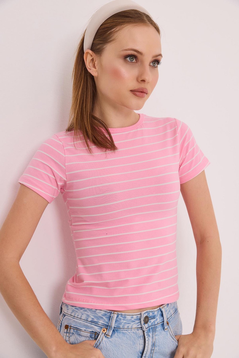 Kısa Kol Likralı Kompak Çizgili Tshirt Pembe