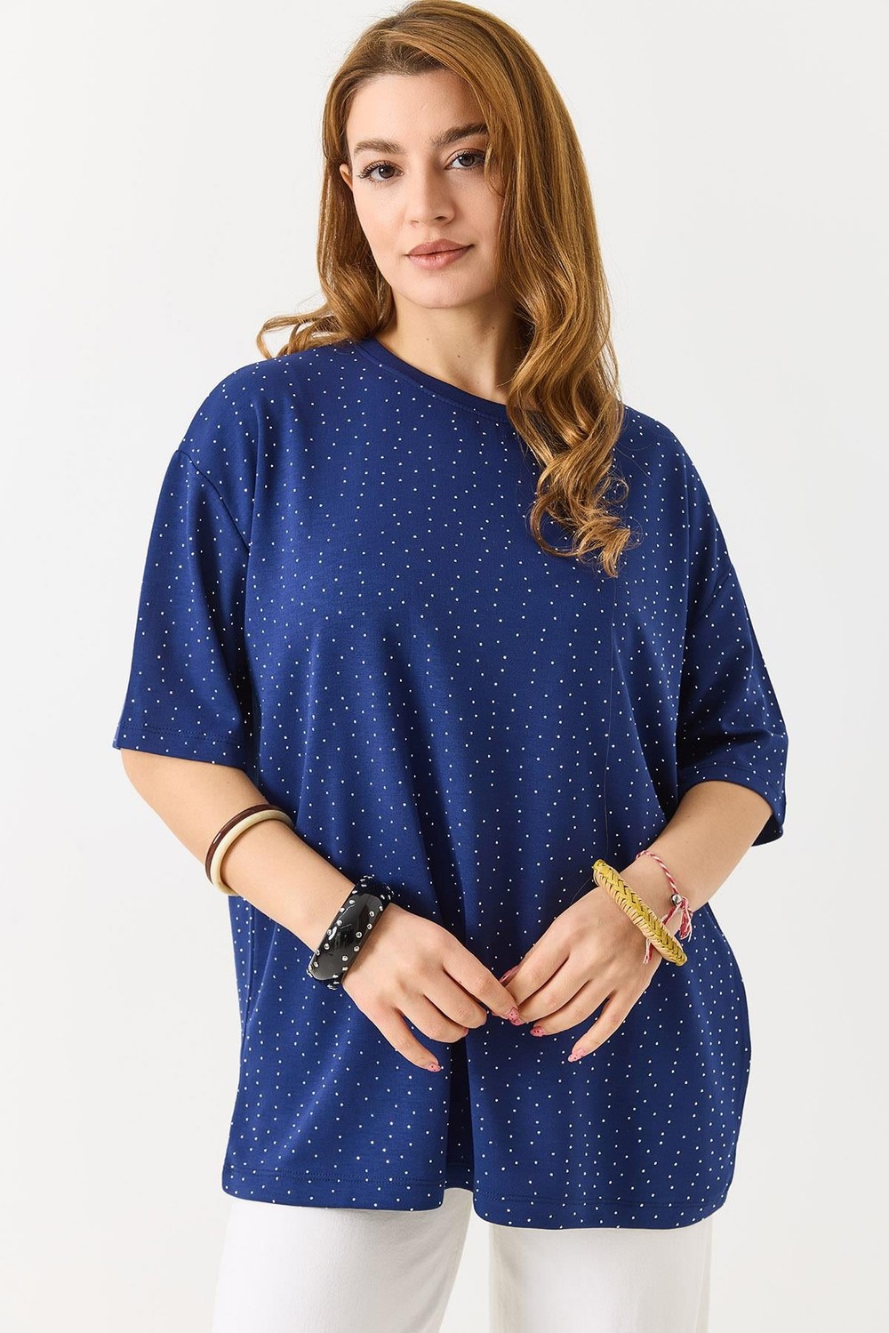 Kadın Taş Detaylı Bsiklet Yaka Oversize Tshirt Lacivert