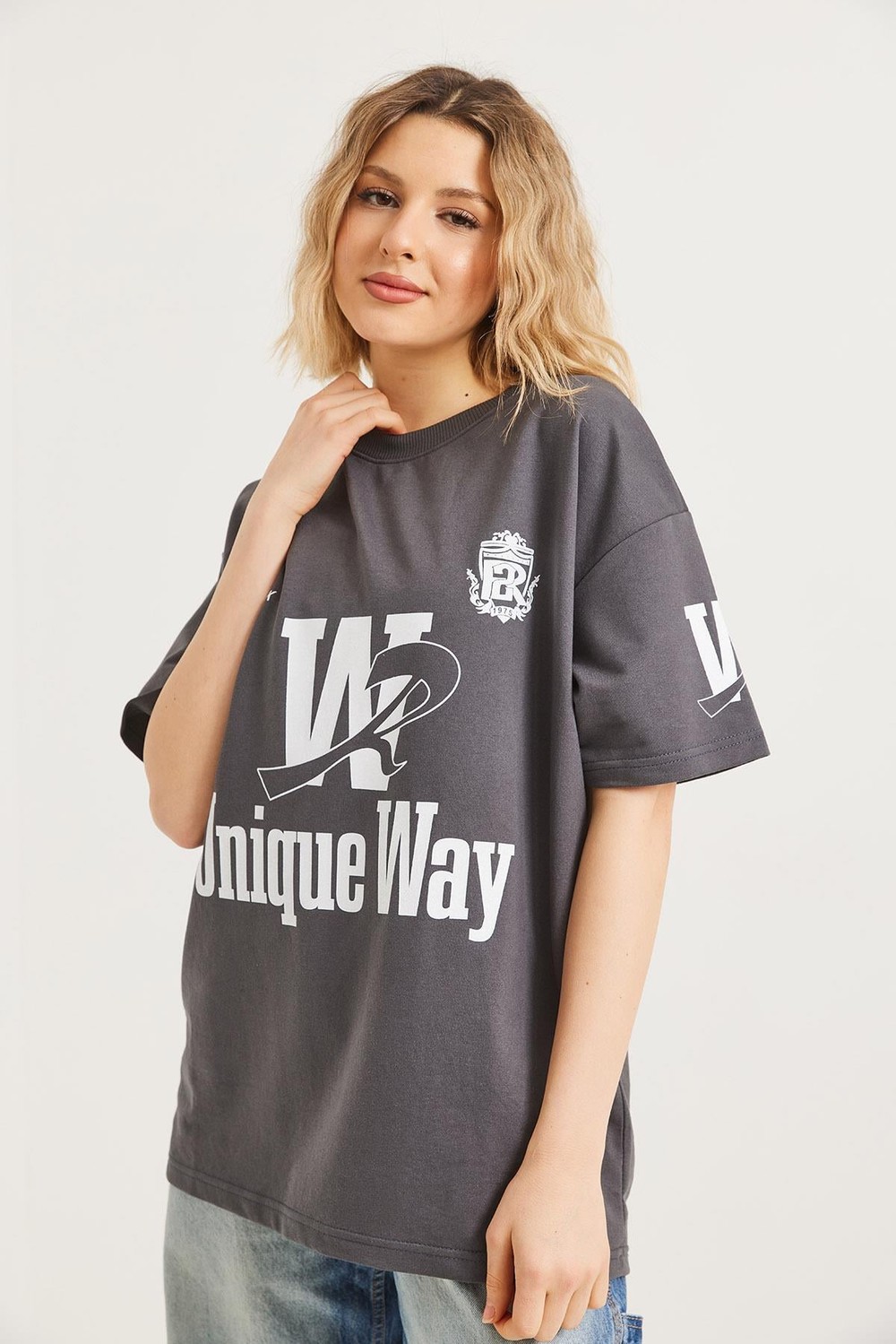 Bisiklet Yaka Baskılı Tshirt Füme