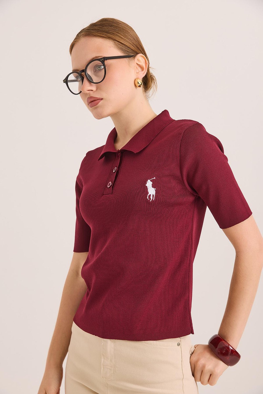 Nakışlı Polo Yaka Düğme Detaylı Triko Tshirt	Bordo