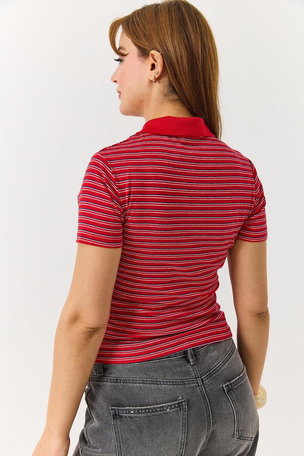 Polo Yaka Düğmeli Çizgili Kısa Kollu Tshirt Kırmızı