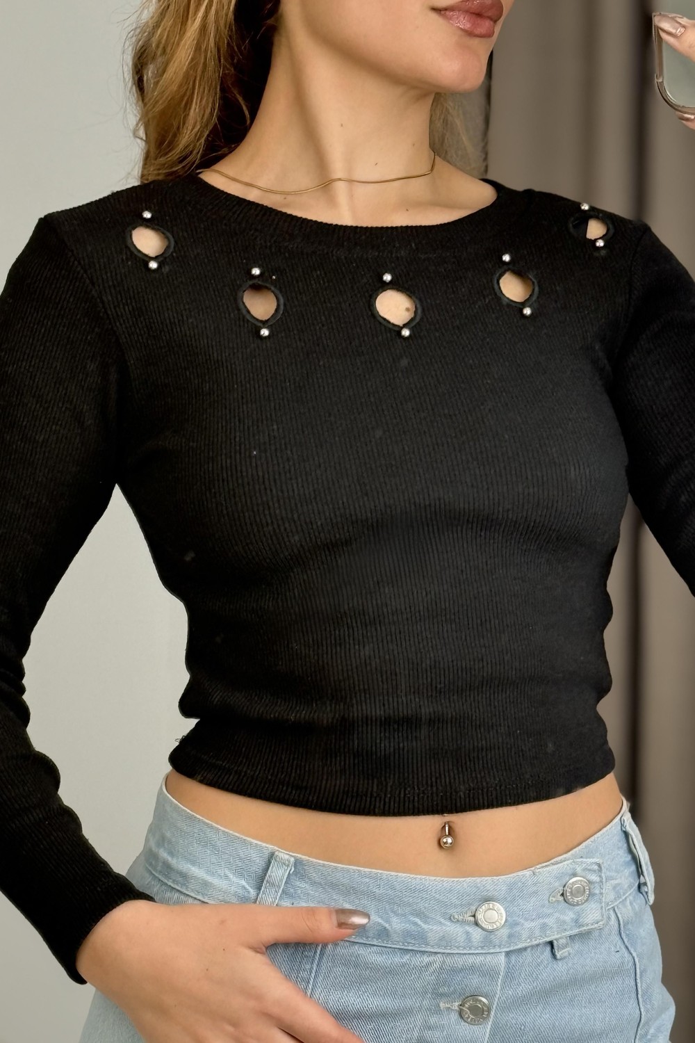 Kadın Uzun Kollu Kaşkorse Mini Dekolteli Crop Bluz Siyah