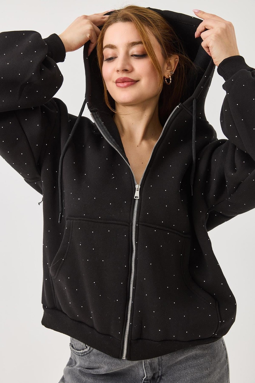 Kadın Taş Detaylı Kapüşonlu 3 İplik Fermuarlı Sweatshirt Siyah