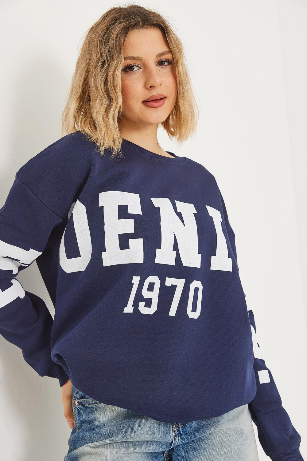 Üç İplik Baskılı Kapüşonlu Sweatshirt Lacivert