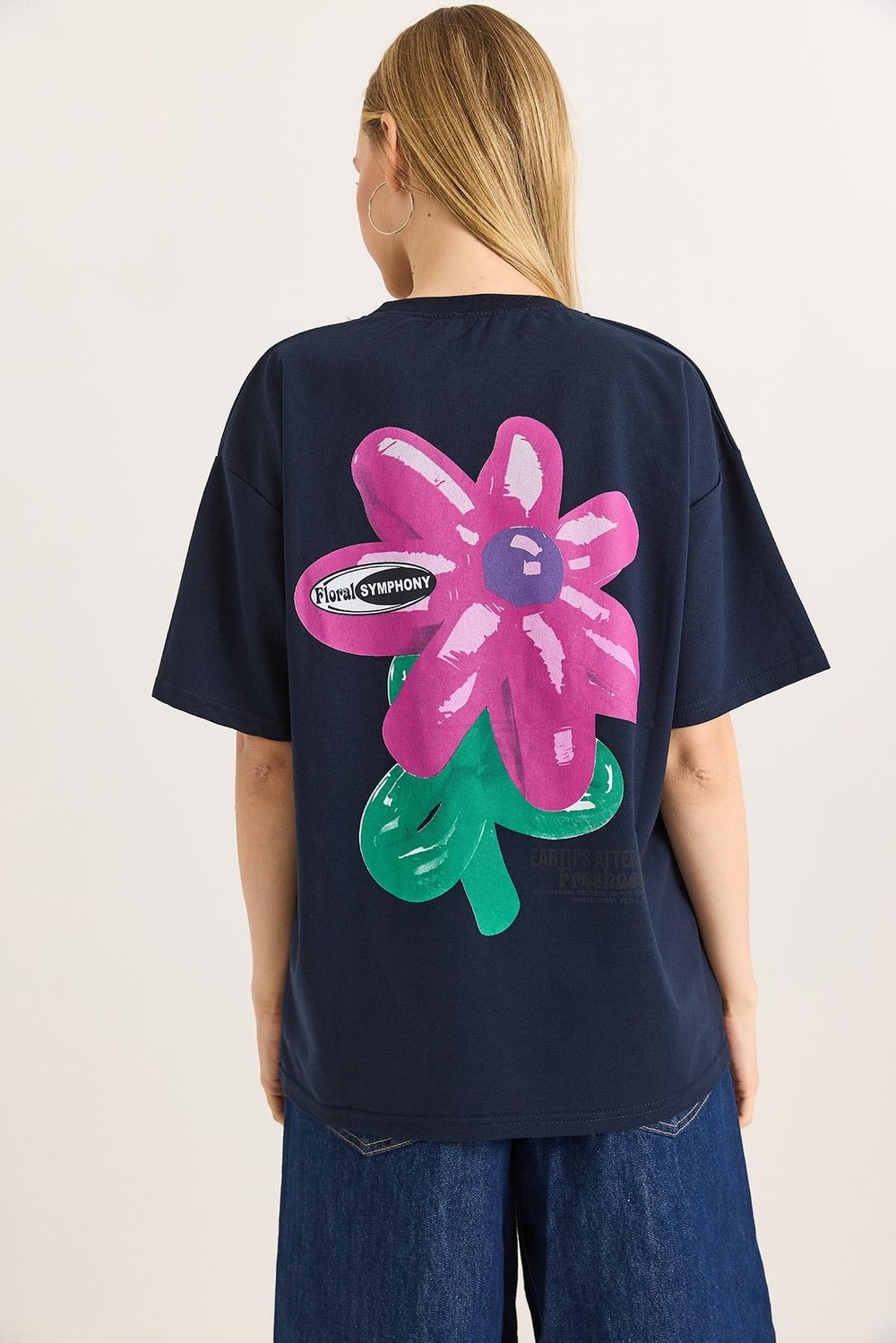 Baskılı Bisiklet Yaka Basic Tshirt Lacivert