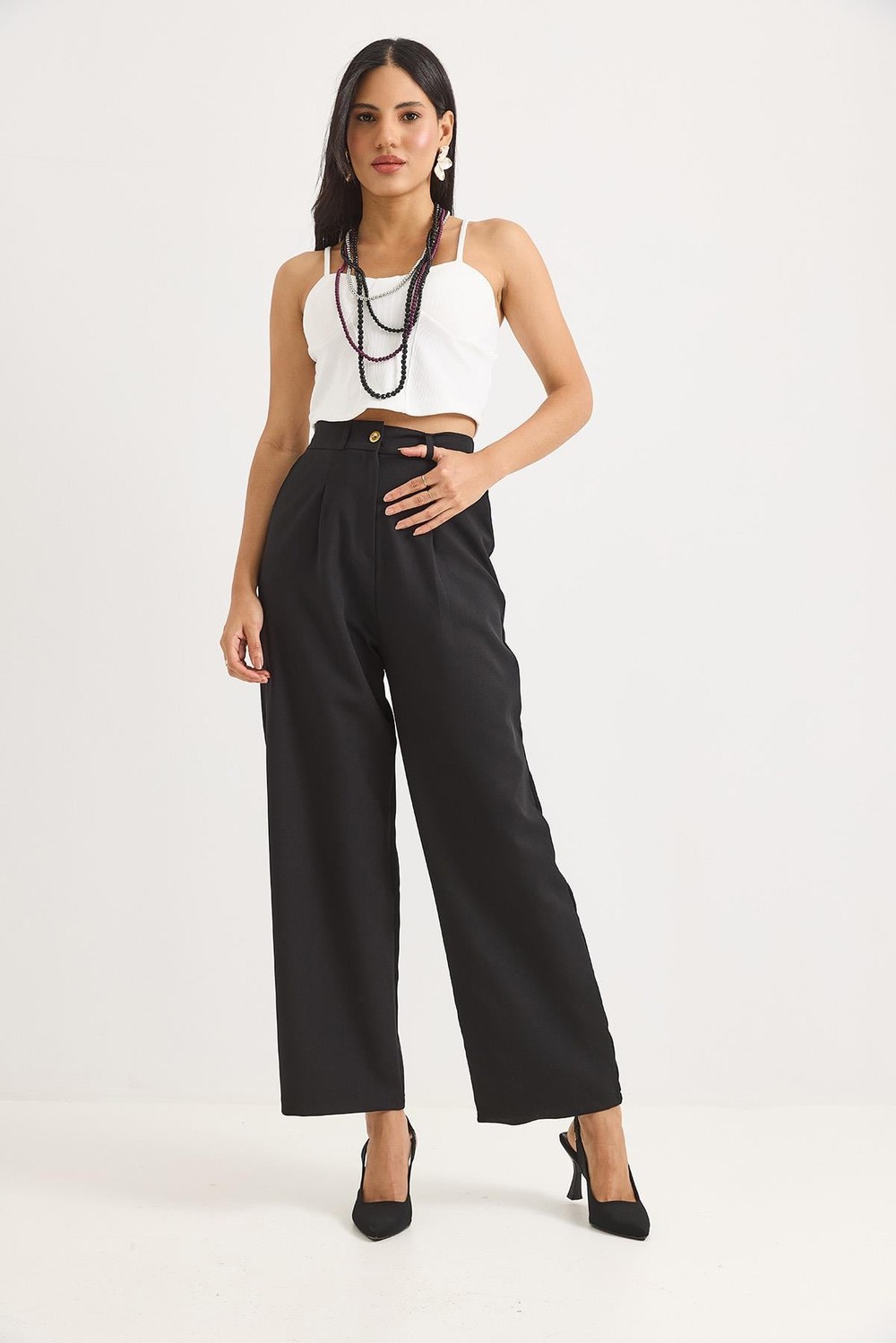 Yüksek Bel Bol Paça Pantalon Siyah