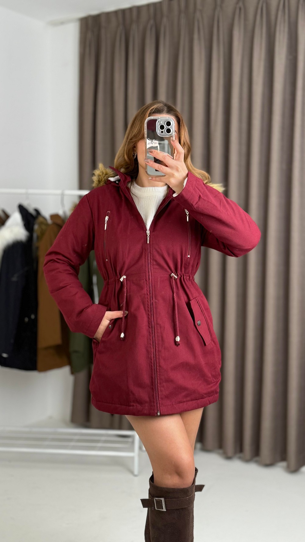 Kadın  Bordo Yarım Boy Gabardin Kumaş İçi Yün Mont