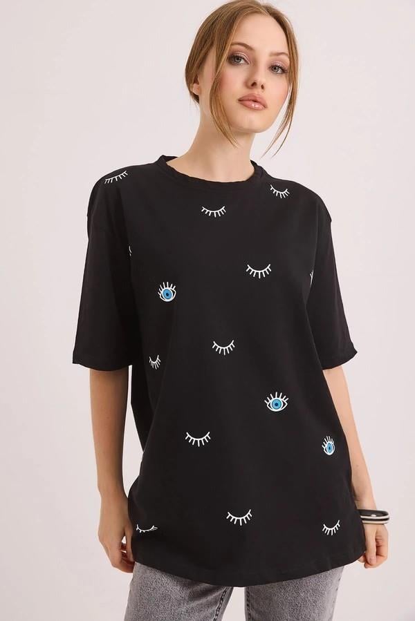 Kadın Bisiklet Yaka Göz Baskılı Oversize Tshirt Siyah
