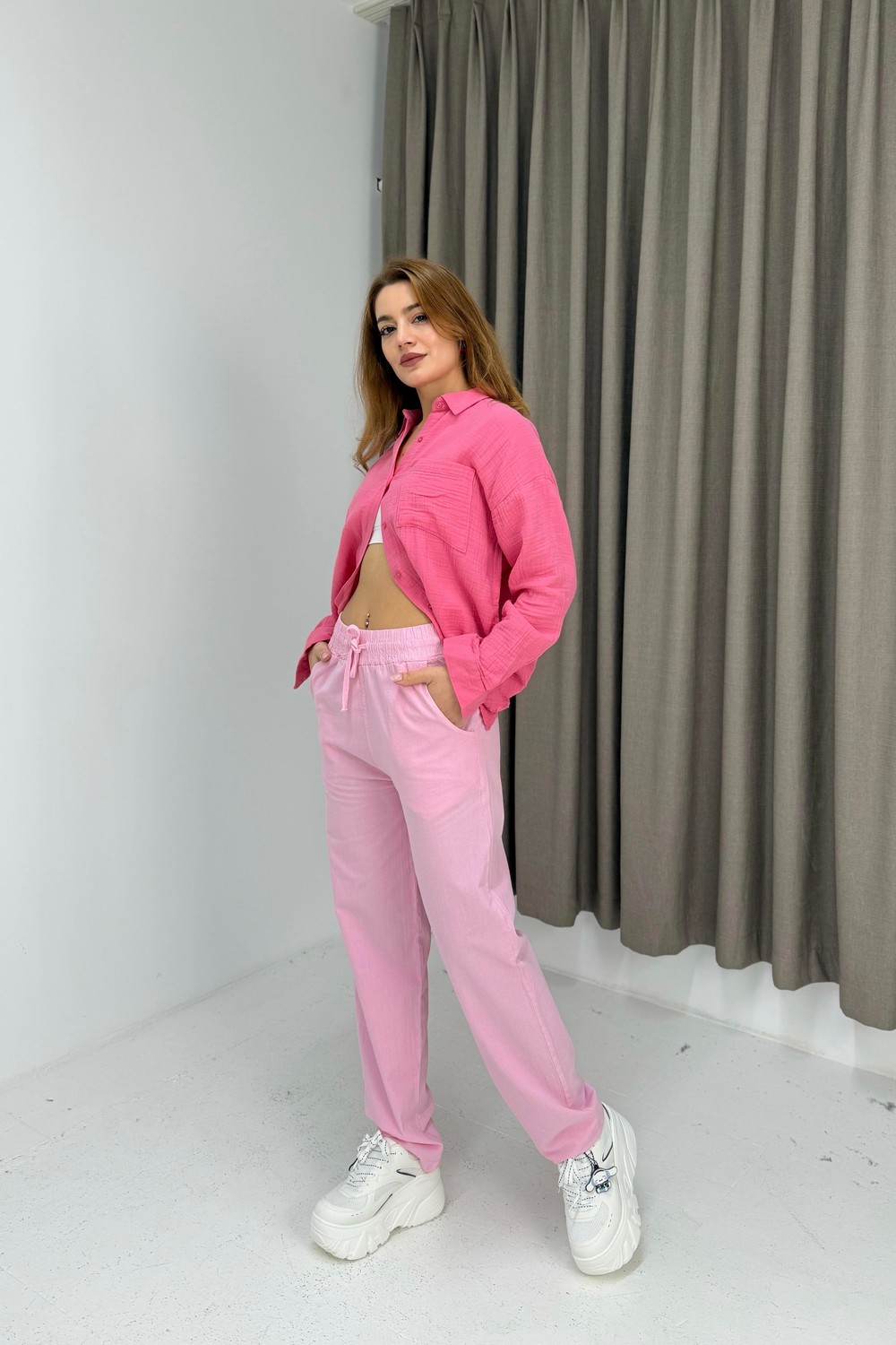 Kanvas Cepli Bağcıklı Beli Lastikli Uzun Pantolon Pembe