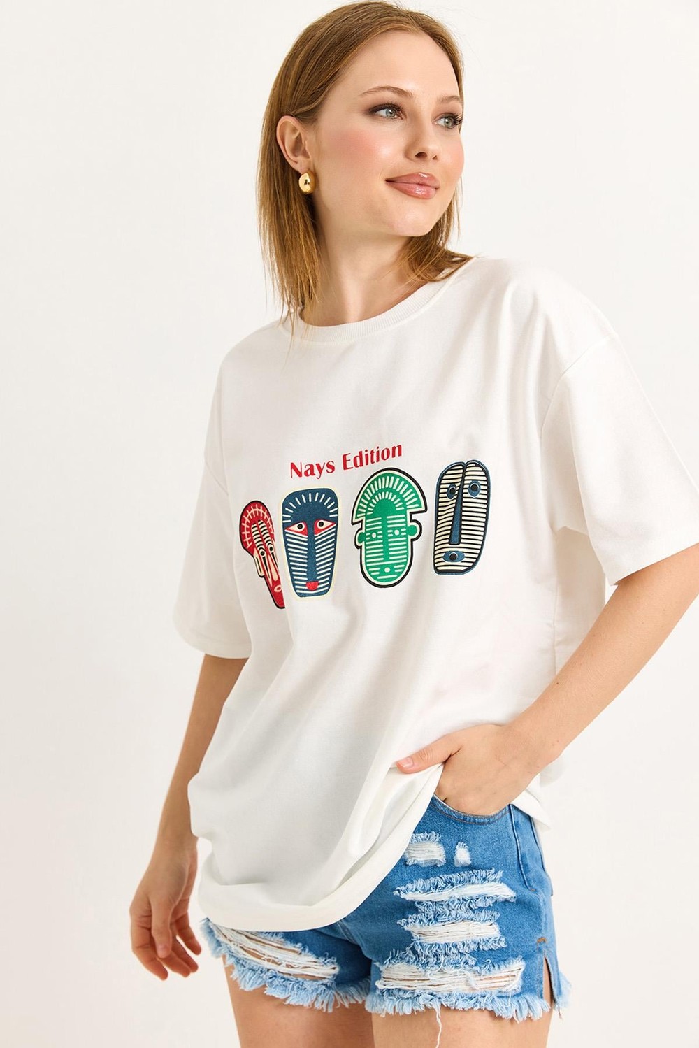 Baskılı Oversize Tshirt Beyaz