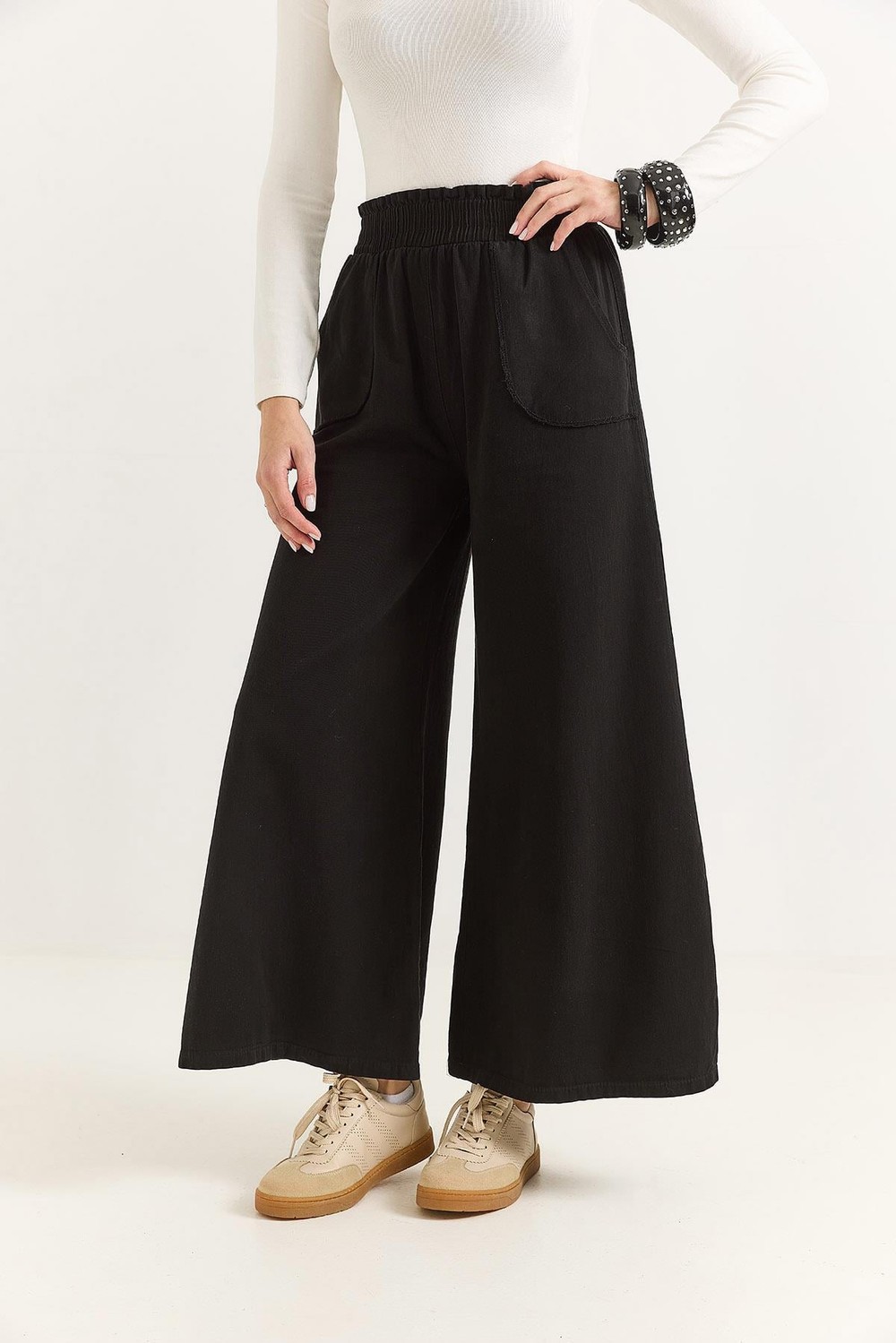 Kadın Pantalon Geniş Paça Cepleri Dikiş Detaylı  Pantalon Siyah
