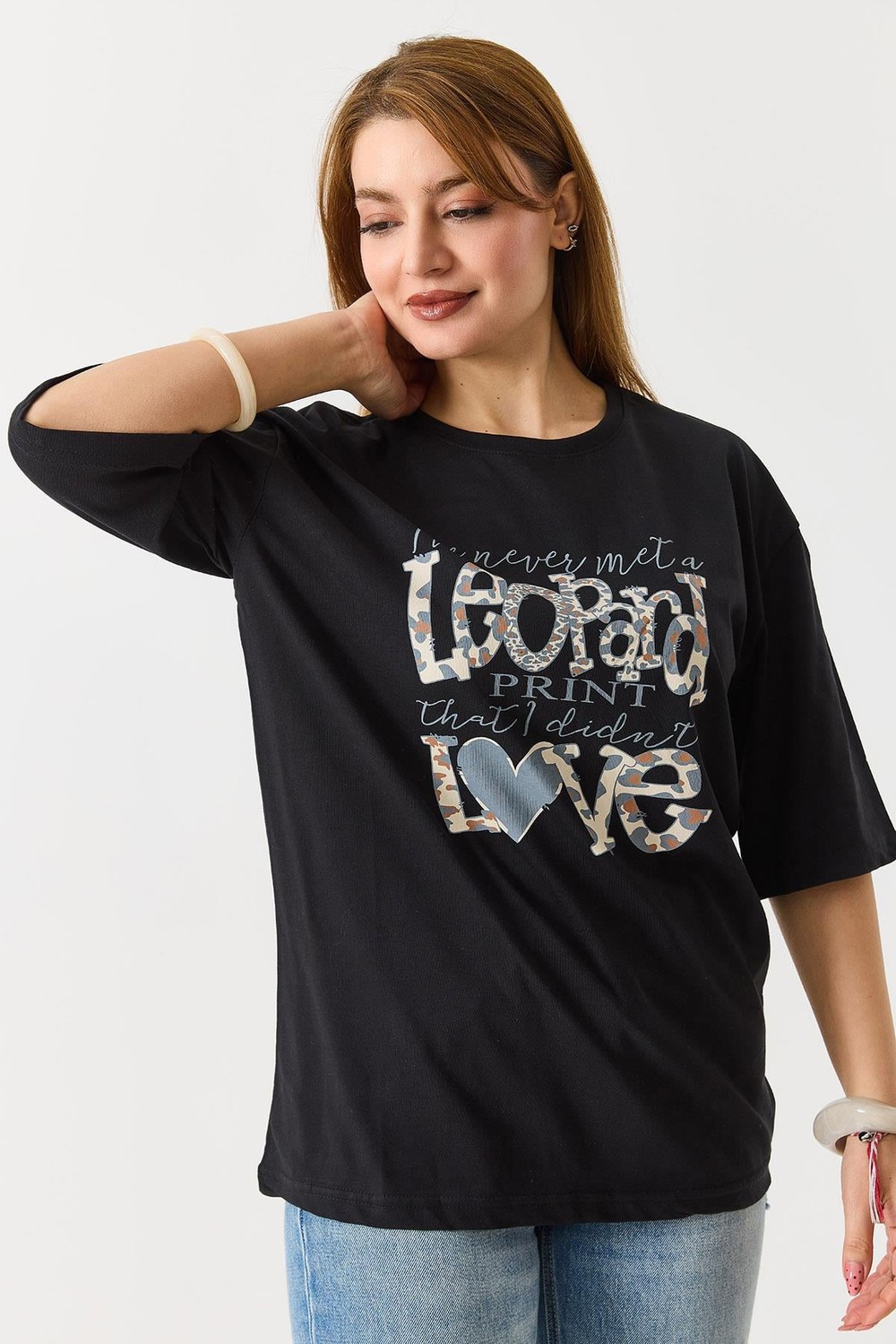 Kadın  Bisiklet Yaka Rahat Kesim Kısa Kol Tshirt Siyah