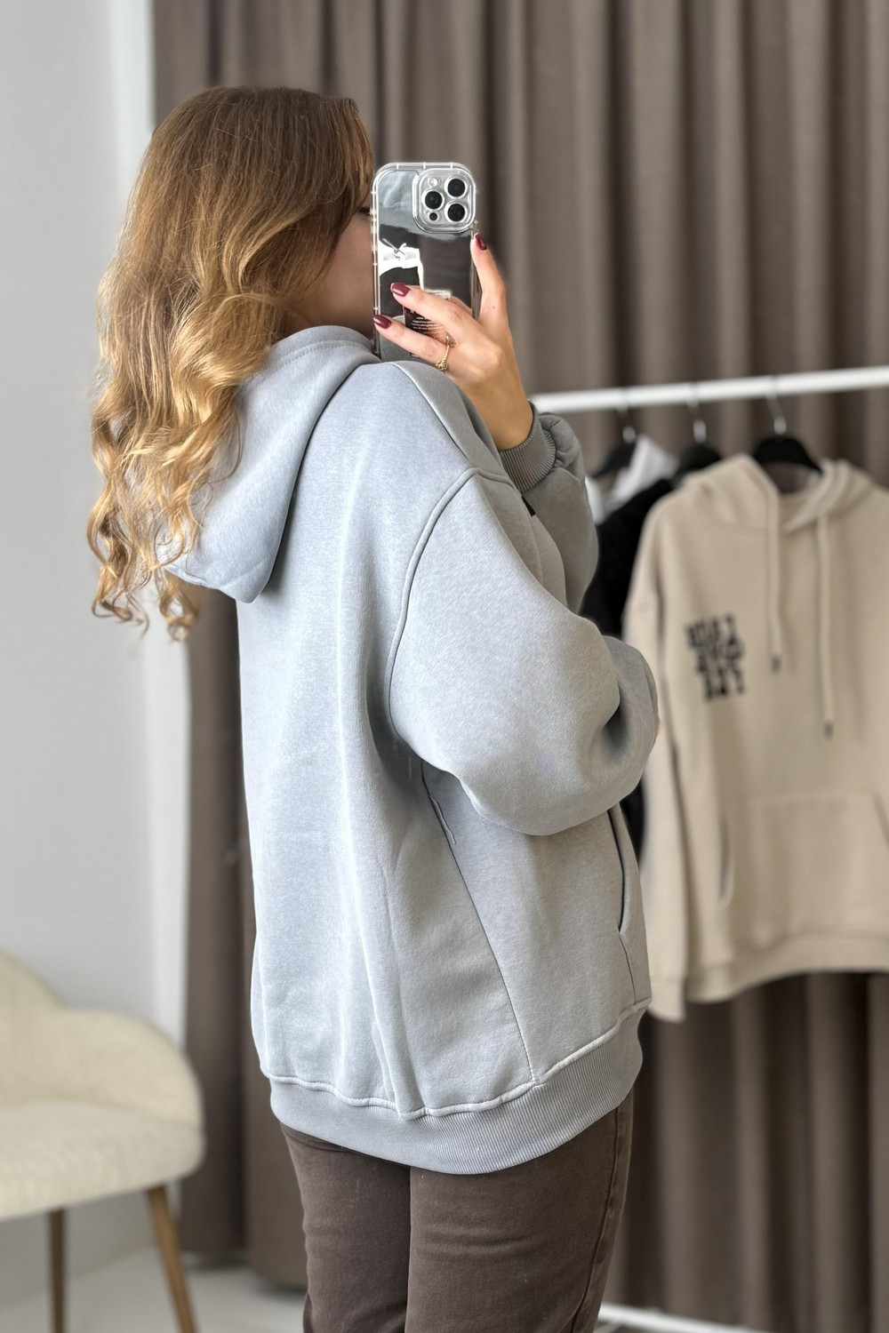 Oversize Kapüşonlu KangurU  Cepli Sweatshirt Füme